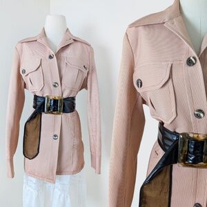 70's Pinstripe Blazer Safari Jacket Overcoat Pastel Dagger Collar Long Sleeve